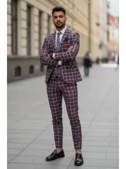 Costum barbati slim fit grena in carouri B7916 10-4